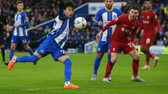 BRIGHTON, ENGLAND - JANUARY 29: Kaoru Mitoma of Brighton & Hove Albion tees the ball up to score the winning goal during the Emirates FA Cup Fourth Round match between Brighton & Hove Albion and Liverpool at Amex Stadium on January 29, 2023 in Brighton, England. (Photo by Mike Hewitt/Getty Images)