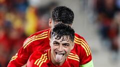 Spain�s midfielder #20 Pedri celebrates after scoring his team's third goal during the international friendly football match between Spain and North Ireland at Son Moix stadium in Palma de Mallorca on June 8, 2024. (Photo by JAIME REINA / AFP)