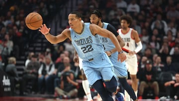 Nov 5, 2023; Portland, Oregon, USA; Memphis Grizzlies guard Desmond Bane (22) brings the ball up court against the Portland Trail Blazers in the first half at Moda Center. Mandatory Credit: Jaime Valdez-USA TODAY Sports