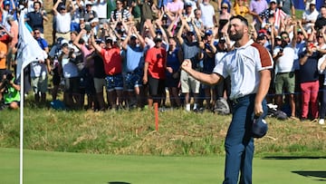 Europe's Spanish golfer, Jon Rahm celebrates on the 17th green after he and Europe's English golfer, Tyrrell Hatton win their foursomes match on the second day of play in the 44th Ryder Cup at the Marco Simone Golf and Country Club in Rome on September 30, 2023. (Photo by Andreas SOLARO / AFP)