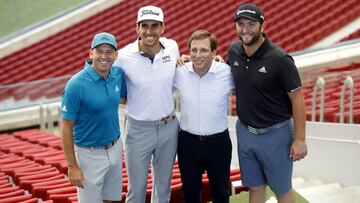 El alcalde de Madrid Jos&eacute; Luis Mart&iacute;nez Almedia posa junto a Sergio Garc&iacute;a, Rafa Cabrera Bello y Jon Rahm en la presentaci&oacute;n del Open de Espa&ntilde;a de Golf en el Wanda Metropolitano.