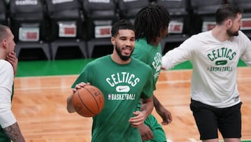 BOSTON, MA  - JUNE 15:  Jayson Tatum of the Boston Celtics participates during 2022 NBA Finals Practice and Media Availability on June 15, 2022  at the TD Garden in Boston, Massachusetts. NOTE TO USER: User expressly acknowledges and agrees that, by downloading and or using this photograph, user is consenting to the terms and conditions of Getty Images License Agreement. Mandatory Copyright Notice: Copyright 2022 NBAE (Photo by Jesse D. Garrabrant/NBAE via Getty Images)