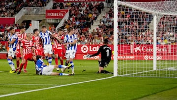 GIRONA, SPAIN - OCTOBER 02: Brais Mendez of Real Sociedad  not in picture scores Real Sociedad third goal during the LaLiga Santander match between Girona FC and Real Sociedad at Montilivi Stadium on October 02, 2022 in Girona, Spain. (Photo by Alex Caparros/Getty Images)
