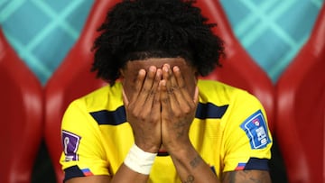 DOHA, QATAR - NOVEMBER 29: Angelo Preciado of Ecuador reacts after the 1-2 loss during the FIFA World Cup Qatar 2022 Group A match between Ecuador and Senegal at Khalifa International Stadium on November 29, 2022 in Doha, Qatar. (Photo by Patrick Smith - FIFA/FIFA via Getty Images)