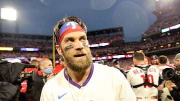 PHILADELPHIA, PENNSYLVANIA - OCTOBER 23: Bryce Harper #3 of the Philadelphia Phillies celebrates after defeating the San Diego Padres in game five to win the National League Championship Series at Citizens Bank Park on October 23, 2022 in Philadelphia, Pennsylvania. (Photo by Tim Nwachukwu/Getty Images)