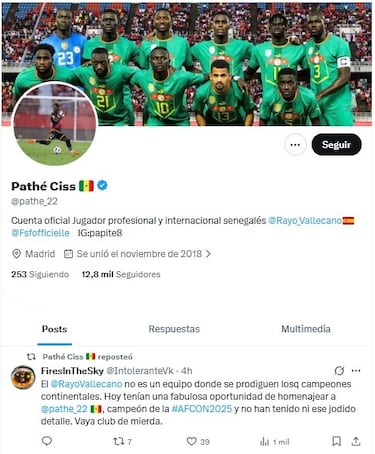 Pathé Ciss la lía en redes por repostear que el Rayo es un “club de mierda”
