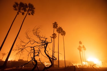 El incendio de Palisades arde cerca de la playa durante una tormenta de viento en el lado oeste de Los Ángeles.
