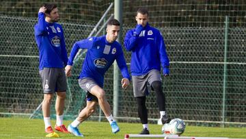 Sabin Merino, en su primer entrenamiento con el Deportivo.