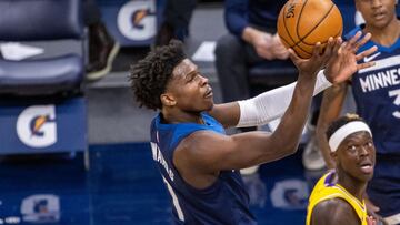 Feb 16, 2021; Minneapolis, Minnesota, USA; Minnesota Timberwolves forward Anthony Edwards (1) drives to the basket against the Los Angeles Lakers in the first half at Target Center. Mandatory Credit: Jesse Johnson-USA TODAY Sports