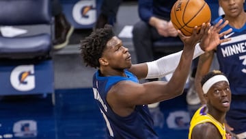 Feb 16, 2021; Minneapolis, Minnesota, USA; Minnesota Timberwolves forward Anthony Edwards (1) drives to the basket against the Los Angeles Lakers in the first half at Target Center. Mandatory Credit: Jesse Johnson-USA TODAY Sports