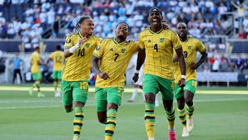 CINCINNATI, OHIO - JULY 09: Bobby De Cordova-Reid #10, Leon Bailey #7 and Amari'i Bell #4 of Jamaica celebrate after Bell scored in the second half against Guatemala in the Quarterfinals of the 2023 Concacaf Gold Cup at TQL Stadium on July 09, 2023 in Cincinnati, Ohio.   Andy Lyons/Getty Images/AFP (Photo by ANDY LYONS / GETTY IMAGES NORTH AMERICA / Getty Images via AFP)