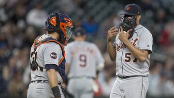 SEATTLE, WA - JUNE 22: Catcher Alex Avila #31 and relief pitcher Francisco Rodriguez #57 of the Detroit Tigers meet at the pitcher&#039;s mound during the seventh inning of game against the Seattle Mariners at Safeco Field on June 22, 2017 in Seattle, Washington.   Stephen Brashear/Getty Images/AFP
 == FOR NEWSPAPERS, INTERNET, TELCOS &amp; TELEVISION USE ONLY ==