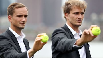 BOSTON, MASSACHUSETTS - SEPTEMBER 22: Daniil Medvedev and Alexander Zverev of Team Europe pose during their official team portrait in front of the Boston skyline at LoPresti Park ahead of the 2021 Laver Cup at TD Garden on September 22, 2021 in Boston, Ma