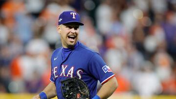 HOUSTON, TEXAS - OCTOBER 23: Nathaniel Lowe #30 of the Texas Rangers celebrates the final out to defeat the Houston Astros in Game Seven to win the American League Championship Series at Minute Maid Park on October 23, 2023 in Houston, Texas. Carmen Mandato/Getty Images/AFP (Photo by Carmen Mandato / GETTY IMAGES NORTH AMERICA / Getty Images via AFP)