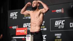 LAS VEGAS, NV - SEPTEMBER 9: Khamzat Chimaev weighs in for their UFC 279 bout during the official weigh-ins on September 9, 2022, at the UFC APEX in Las Vegas, NV. Chimaev weighed in at 178.5 pounds for his 170 pound fight. (Photo by Amy Kaplan/Icon Sportswire via Getty Images)