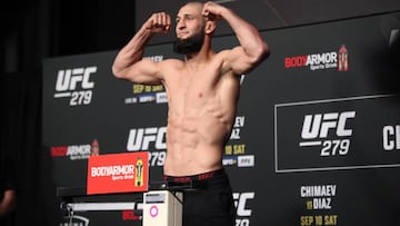 LAS VEGAS, NV - SEPTEMBER 9: Khamzat Chimaev weighs in for their UFC 279 bout during the official weigh-ins on September 9, 2022, at the UFC APEX in Las Vegas, NV. Chimaev weighed in at 178.5 pounds for his 170 pound fight. (Photo by Amy Kaplan/Icon Sportswire via Getty Images)