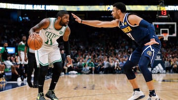 Nov 5, 2018; Denver, CO, USA; Denver Nuggets guard Jamal Murray (27) guards Boston Celtics guard Kyrie Irving (11) in the second quarter at Pepsi Center. Mandatory Credit: Isaiah J. Downing-USA TODAY Sports