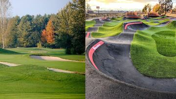 El campo de golf de Entry Hill (en Bath, Inglaterra), a la izquierda, pasar&aacute; a ser un bikepark enorme para el MTB con Pump Track (a la derecha) de la mano de Velosolutions y Pedal Progression. 