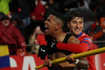 Girona's Brazilian midfielder #16 Savio Moreira celebrates after scoring his team's second goal during the Spanish league football match between Girona FC and Rayo Vallecano de Madrid at the Montilivi stadium in Girona on February 26, 2024. (Photo by LLUIS GENE / AFP)