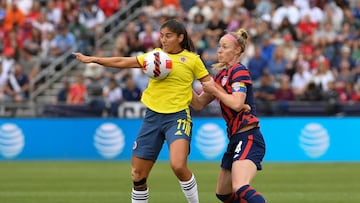 Jun 25, 2022; Commerce City, Colorado, USA; Colombia forward Catalina Usme (11) controls the ball against USA defender Becky Sauerbrunn (4) during an international friendly soccer match at Dick's Sporting Goods Park. Mandatory Credit: John Leyba-USA TODAY Sports