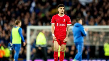 Liverpool (United Kingdom), 24/04/2024.- Luis Diaz of Liverpool is seen dejected after the English Premier League soccer match of Everton FC against Liverpool FC, in Liverpool, Britain, 24 April 2024. (Reino Unido) EFE/EPA/ADAM VAUGHAN EDITORIAL USE ONLY. No use with unauthorized audio, video, data, fixture lists, club/league logos, 'live' services or NFTs. Online in-match use limited to 120 images, no video emulation. No use in betting, games or single club/league/player publications.
