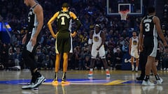 San Antonio Spurs' French forward-center #01 Victor Wembanyama prepares for tip-off