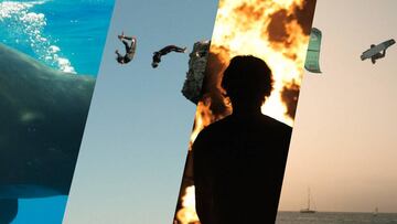 Un cachalote, el kitesurfista hispano belga Jerome Cloetens saltando desde un acantilado, ante el fuego y sobre el agua en su último vídeo grabado en Tarifa (Cádiz, España).