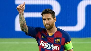 Barcelona&#039;s Argentine forward Lionel Messi celebrates after scoring a goal during the UEFA Champions League round of 16 second leg football match between FC Barcelona and Napoli at the Camp Nou stadium in Barcelona on August 8, 2020. (Photo by LLUIS GENE / AFP)