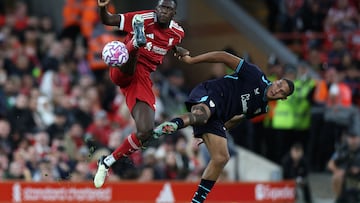 Athletic Bilbao's Spanish striker #21 Maroan Sannadi (R) vies qwith Liverpool's French defender #05 Ibrahima Konate during the second of two pre season friendly football matches between Liverpool and Athletic Bilbao at Anfield in Liverpool, north west England on August 4, 2025. (Photo by Darren Staples / AFP)