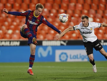 Jugada del penalti. Lato toca el balón con la mano en una pugna con Frenkie De Jong.