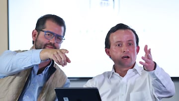 QUERETARO, MEXICO - MARCH 06: Gabriel Solares, President of Queretaro and Mikel Arriola, President of the Liga MX gesture during a press conference the day after a disturb between fans of Queretaro and Atlas took place causing dozens of injured at La Corregidora Stadium on March 06, 2022 in Queretaro, Mexico. The game between Queretaro and Atlas was suspended after a confrontation between rival fans started in the stands, hundreds of attendants tried to run away from the fight through the pitch of La Corregidora, the riot began around the minute 61 and finally caused the suspension of the game at 65. According to the State authorities, there are 26 injured people with 3 of them in critical condition. (Photo by Hector Vivas/Getty Images)
PUBLICADA 08/03/22 NA MA22 1COL