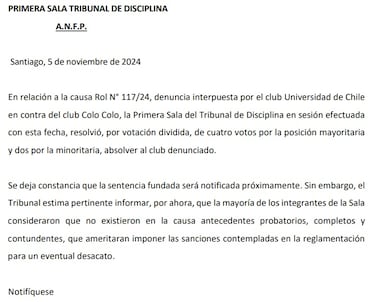 Oficial: Tribunal de Disciplina de la ANFP da su veredicto tras la denuncia de la U a Colo Colo