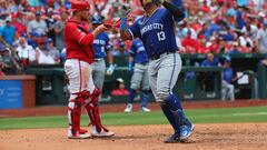 ST LOUIS, MISSOURI - JULY 10: Salvador Perez #13 of the Kansas City Royals celebrates after hitting a home run against the St. Louis Cardinals in the sixth inning during game one of a doubleheader at Busch Stadium on July 10, 2024 in St Louis, Missouri.   Dilip Vishwanat/Getty Images/AFP (Photo by Dilip Vishwanat / GETTY IMAGES NORTH AMERICA / Getty Images via AFP)