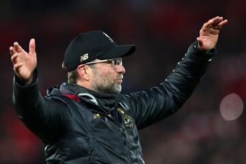 LIVERPOOL, ENGLAND - MAY 07:  Jurgen Klopp, Manager of Liverpool celebrates following his sides victory in the UEFA Champions League Semi Final second leg match between Liverpool and Barcelona at Anfield on May 07, 2019 in Liverpool, England. (Photo by Cl