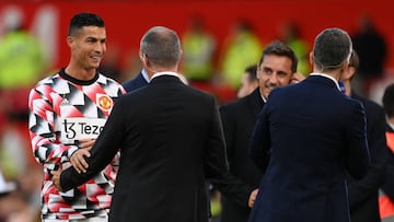 Cristiano Ronaldo ran over to Sky Sports' pre-game chat to greet former teammates Gary Neville and Roy Keane, but completely ignored Jamie Carragher.