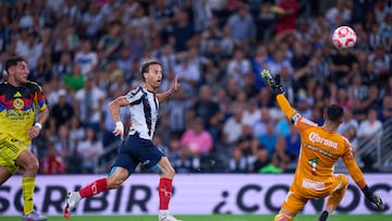 Sergio Canales scores his goal 2-0 of Monterrey to Luis Malagon of America during the 9th round match between Monterrey and America as part of the Liga BBVA MX, Torneo Apertura 2025 at BBVA Bancomer Stadium, on September 20, 2025 in Monterrey, Nuevo Leon, Mexico.