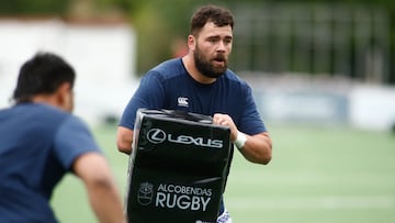 Gavin Van den Berg of Alcobendas Rugby warms up during the spanish league, Division de Honor, Semifinal Rugby match played between Lexus Alcobendas Rugby and FC Barcelona Rugby at Las Terrazas Stadiumon May 23, 2021 in Alcobendas, Madrid, Spain.  Oscar J.