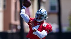 Aug 1, 2023; Oxnard, CA, USA; Dallas Cowboys quarterback Dak Prescott (4) throws during training camp at Marriott Residence Inn-River Ridge playing fields. Mandatory Credit: Jason Parkhurst-USA TODAY Sports