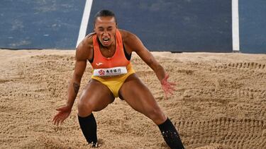 Spain's Ana Peleteiro competes in the women's triple jump final during the Indoor World Athletics Championships in Nanjing, China�s Jiangsu province on March 22, 2025. (Photo by Pedro PARDO / AFP)