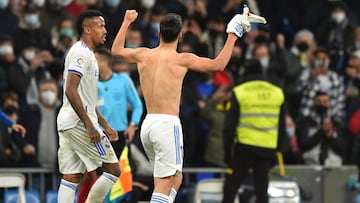 MADRID, SPAIN - FEBRUARY 06: Marco Asensio of Real Madrid celebrates after scoring their team's opening goal during the LaLiga Santander match between Real Madrid CF and Granada CF at Estadio Santiago Bernabeu on February 06, 2022 in Madrid, Spain.