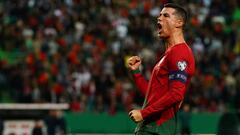 LISBON, PORTUGAL - MARCH 23: Cristiano Ronaldo of Portugal celebrates after scoring a goal during the Group J - UEFA EURO 2024 Qualifying Round match between Portugal and Liechtenstein at Estadio Jose Alvalade on March 23, 2023 in Lisbon, Portugal.  (Photo by Gualter Fatia/Getty Images)