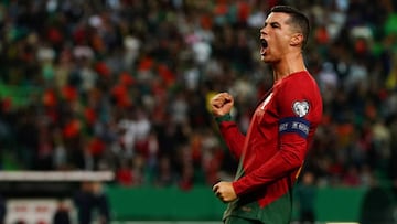 LISBON, PORTUGAL - MARCH 23: Cristiano Ronaldo of Portugal celebrates after scoring a goal during the Group J - UEFA EURO 2024 Qualifying Round match between Portugal and Liechtenstein at Estadio Jose Alvalade on March 23, 2023 in Lisbon, Portugal.  (Photo by Gualter Fatia/Getty Images)