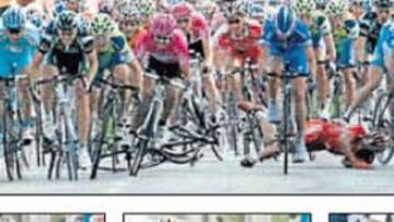 <b>POR LOS SUELOS. </b>Duque (arriba) provocó una caída que afectó, entre otros, a Nacho Gutiérrez (derecha).