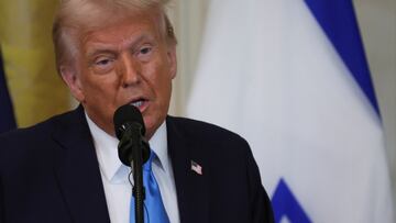 U.S. President Donald Trump speaks during a joint press conference with Israeli Prime Minister Benjamin Netanyahu in the East Room at the White House in Washington, U.S., February 4, 2025. REUTERS/Leah Millis