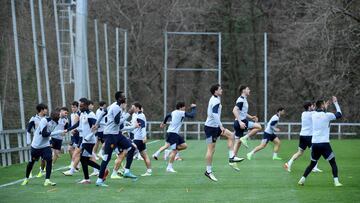 Real Sociedad's players attend a training session on the eve of their UEFA Champions League last 16 second leg football match against Paris Saint-Germain (PSG) at a training ground in Zubieta on March 4, 2024. (Photo by ANDER GILLENEA / AFP)