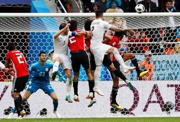 Uruguay's Jose Gimenez heads home.  Group A - Egypt vs Uruguay - Ekaterinburg Arena, Yekaterinburg