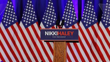 The podium stands empty after Republican presidential candidate and former U.S. Ambassador to the United Nations Nikki Haley announced she was suspending her campaign in Charleston, South Carolina, U.S., March 6, 2024. REUTERS/Brian Snyder