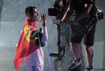 Cristiano Ronaldo of Real Madrid celebrates at the Santiago Bernabeu stadium following their victory in Kiev in the UEFA Champions League final.