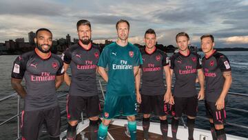 Arsenal FC players, Laurent Koscielny, Petr Cech, Alexandre Lacazette, Olivier Giroud, Mesut Ozil and Nacho Monreal during the unveiling of Arsenal FC&#039;s new third kit at Fort Denison on July 12, 2017 in Sydney, Australia. 