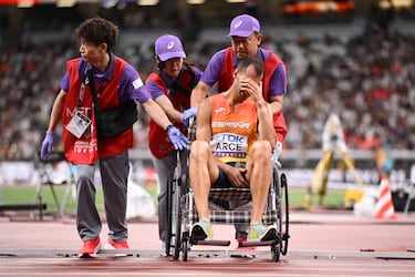 El atletita español nacido en Burgos, tras golpearse la rodilla con uno de los obstáculos, se ha visto obligado a abandonar el Mundial de atletismo celebrado en Tokio. Después de intentarlo se ha tirado al suelo entre gestos de mucho dolor. Ha tenido que abandonar la pista en silla de ruedas. El peor final posible para el español.